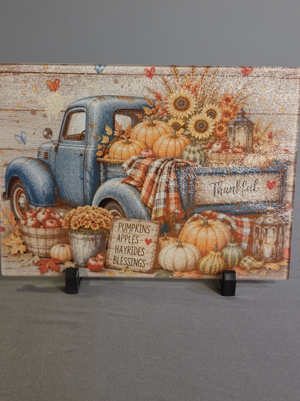 Fall Thankful Vintage Truck Glass Cutting Board 8x11 Farmhouse Kitchen Decor